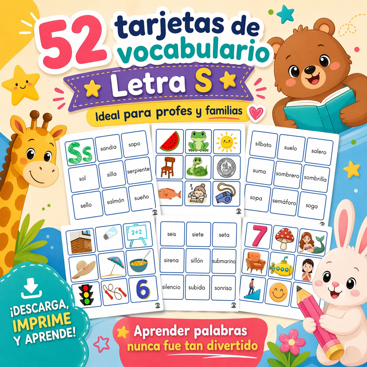53 tarjetas de la letras Ss